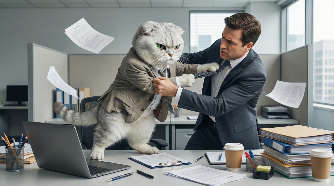 一幅折耳银白色拟人化上班族在办公桌上的场景图。画面中的猫，站在办公桌前，身体微微倾斜，显得有些生气。它的眼神中透露出一丝愤怒，但依然保持着专注。对面站着它的领导，猫与领导互相拉扯动手，办公桌上杂乱摆放预览效果