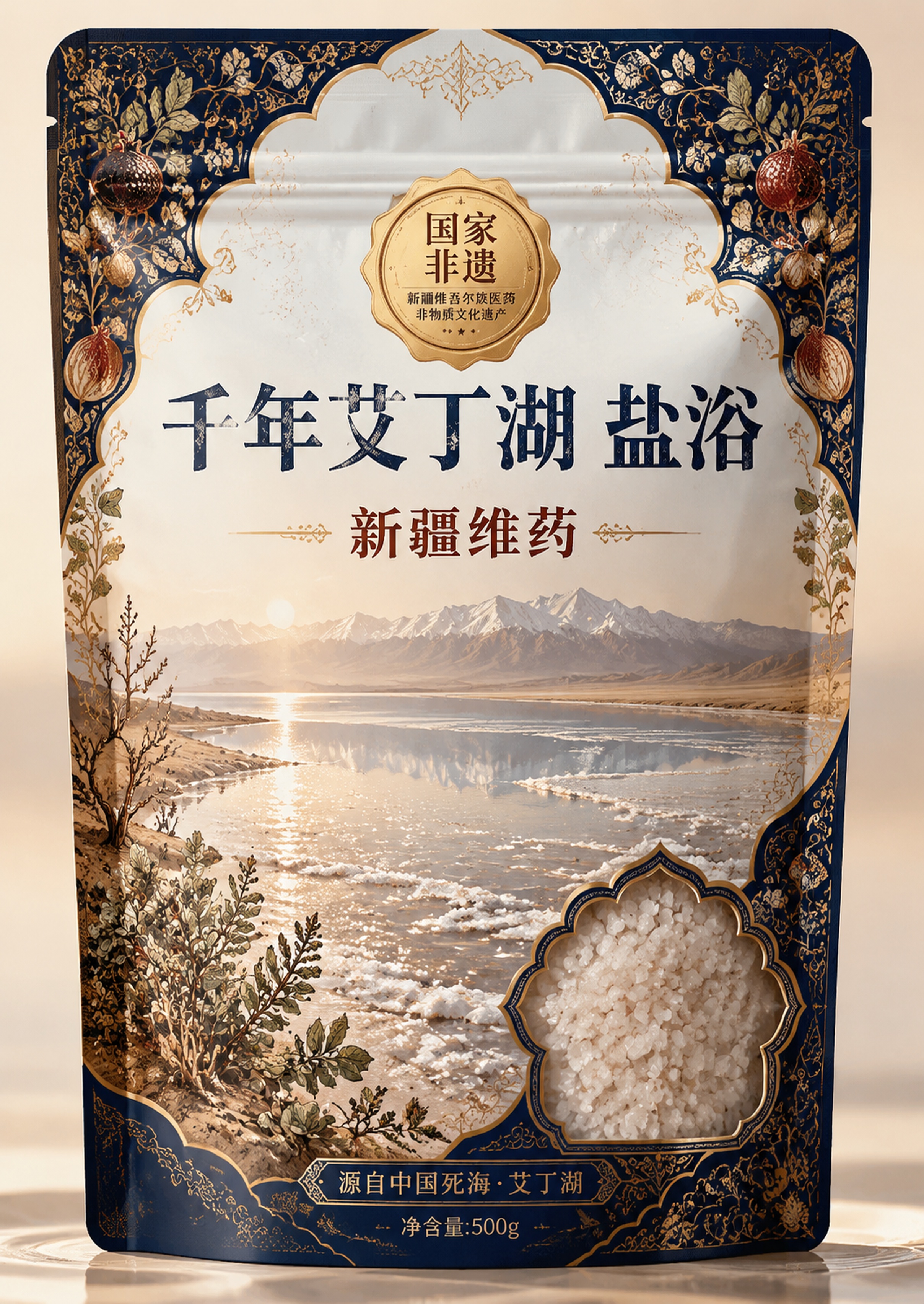 一款新疆维药艾丁湖盐浴泡浴颗粒的袋装包装设计，民族非遗风格。包… - 图片创意预览