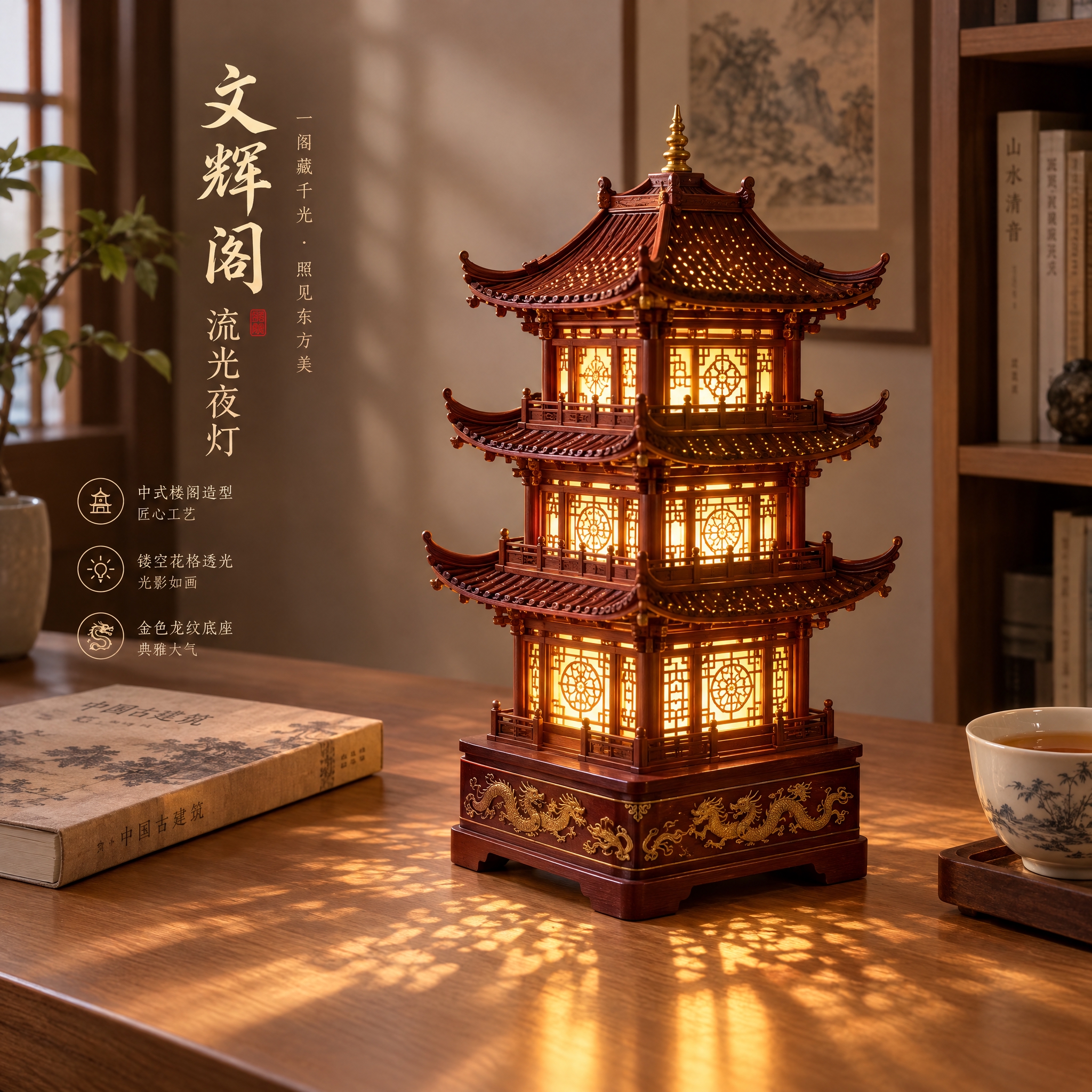 产品效果图，一款精致的中国风楼阁造型桌面夜灯，名为文辉阁流光夜… - 图片创意预览