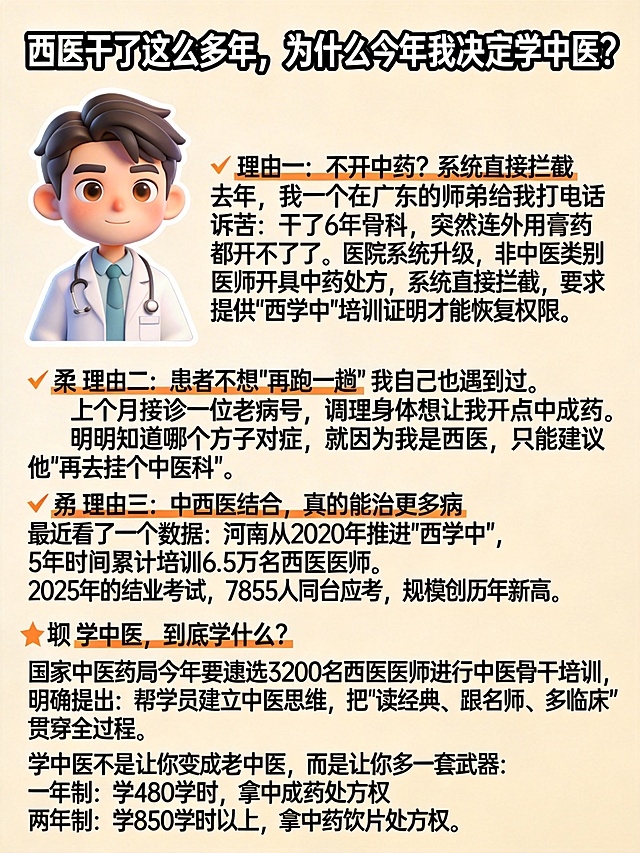 西学中科普长图。3D萌系男医生Q版形象在画面左上角，穿白大褂，认真表情，人物边缘加白色细实线描边，脸部提亮哑光质感。浅米色医疗风背景，整体干净清爽，亮度压暗突出文字。文字内容全部包含：主标题“西医干了这么多年，为什么今年我决定学中医？”，🔥 理由一：不开中药？系统直接拦截 去年，我一个在广东的师弟给我打电话诉苦：干了6年骨科，突然连外用膏药都开不了了。医院系统升级，非中医类别医师开具中药处方，系统直接拦截，要求提供“西学中”培训证明才能恢复权限。 🔥 理由二：患者不想“再跑一趟” 我自己也遇到过。上个月接诊一位老病号，调理身体想让我开点中成药。明明知道哪个方子对症，就因为我是西医，只能建议他“再去挂个中医科”。 🔥 理由三：中西医结合，真的能治更多病 最近看了一个数据：河南从2020年推进“西学中”，5年时间累计培训6.5万名西医医师。2025年的结业考试，7855人同台应考，规模创历年新高。 💡 学中医，到底学什么？ 国家中医药局今年要遴选3200名西医医师进行中医骨干培训，明确提出：帮学员建立中医思维，把“读经典、跟名师、多临床”贯穿全过程。 学中医不是让你变成老中医，而是让你多一套武器： 一年制：学480学时，拿中成药处方权 两年制：学850学时以上，拿中药饮片处方权。排版清晰，主标题大号粗体白色加黑描边放在顶部，正文黑色易读字体分段排列，重点内容用橙色标注，文字不遮挡人物。图层关系：文字 > 人物 > 背景。负向提示：禁止文字重复乱码，无多余元素。