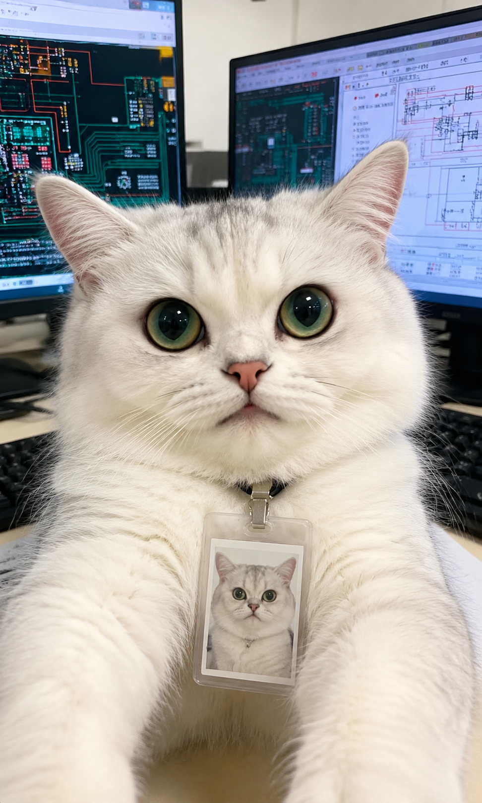 参考第一张图的风格构图：一只银白长毛猫咪坐在办公室工位前，两只… - 图片创意预览