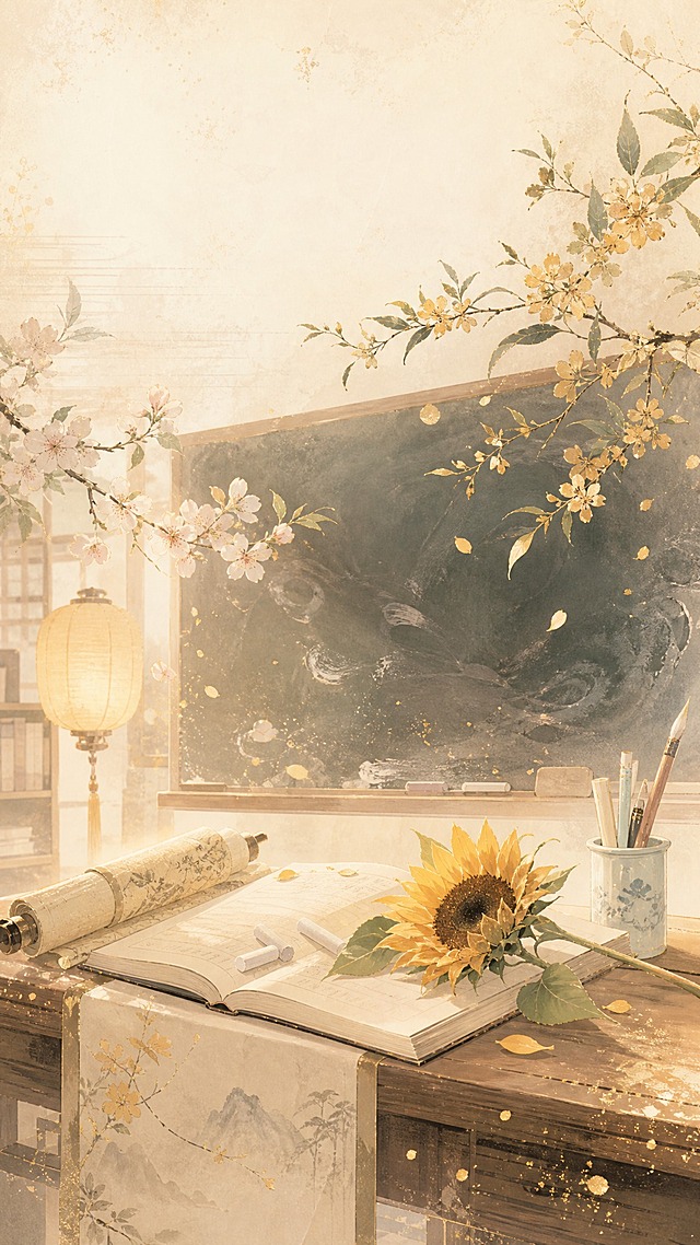 竖版9:16教师节主题海报，无文字版本，画面中严格禁止出现任何文字、汉字、字母、数字、标点符号、标语、标题或文字装饰，也禁止出现二维码、二维码占位符或任何方框占位元素。画面为温暖雅致国风插画，新中式工笔淡彩与手绘水彩质感，超高清细腻。主体：暖光下的讲台与书卷，摊开的教案书本上放着粉笔和一支盛开的向日葵，背景为黑板与淡雅墨迹笔触，黑板上方垂下桃李枝与桂花枝，几缕柔和光斑，象征师恩与桃李芬芳；远处是朦胧的书架与暖金色纸灯笼，古卷轴纹理和细碎金箔点缀，整体氛围温暖治愈、积极向上，充满教师节感恩祝福气息。画面构图饱满但留白充足，上部和下部留有干净负空间供后期排版添加文字，四边保留安全边距，版式精美，色调为暖杏色、浅鎏金、黛灰、米白底色，柔和自然光，积极温暖。
