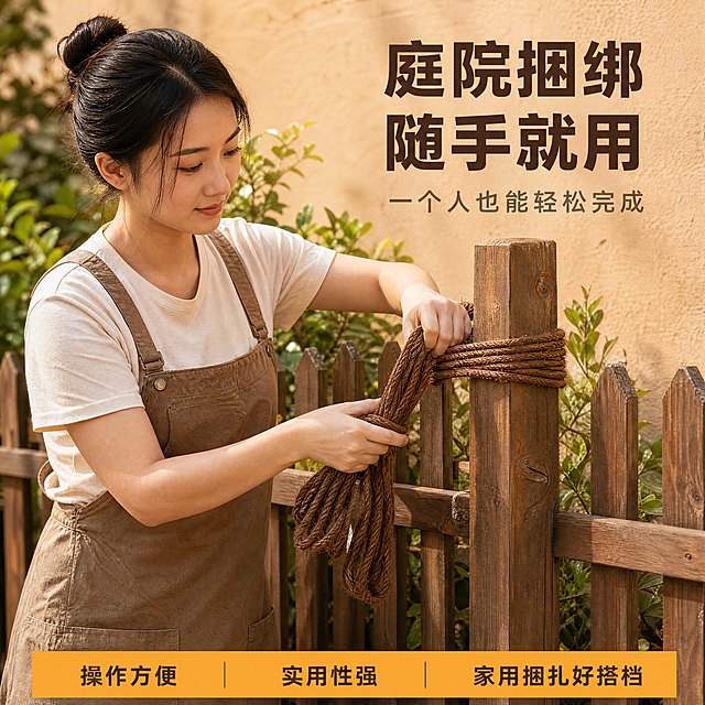[商品] 使用【图2】【图4】的棕绳，保留绳束形态、绞合纹理与暖棕色泽；修复项：理顺绳体下垂走向，增强纤维质感与立体感，保持粗细比例不变。[画面] 人物使用页·真人操作型：一位成年亚洲人站在庭院栅栏旁，腰部以上入镜，双手握棕绳在木质栅栏立柱上缠绕捆扎，动作真实、表情自然专注；产品占画面50%以上且清晰；背景为庭院栅栏、绿植与暖色墙体满铺；景别中景，右上留标题区。[视觉] 套系策略：风格=实用工具类商业静物摄影，暖调质感；标题字=阿里巴巴普惠体粗体；正文字=阿里巴巴普惠体常规；主色=暖棕；背景延展=基于暖棕的深棕栅栏与米棕墙面、暖绿植物做深浅层级；强调色=暖橙金，仅用于短标签与底部信息条；标题色=深棕褐；正文色=中暖灰褐；组件=直角信息条与短标签；光影=右前侧暖柔光。[文字] 右上主标题“庭院捆绑 随手就用”，副标题“一个人也能轻松完成”；底部信息条横排“操作方便”“实用性强”“家用捆扎好搭档”；全部横向排版，不遮挡手部动作。[规格] 图片比例1:1正方形，4K，避免变形、错字、文字过小、竖排文字、商标标志图案、冷蓝蓝灰背景、水印、绝对化用语。