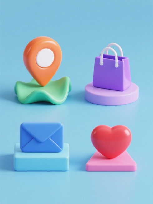 一系列四个规整排布的3D图标，每个图标均采用简约现代的立体风格，表面光滑圆润，带有柔和的渐变色彩和细腻的高光阴影处理，纯色背景。第一个图标为橙色定位标记放置在绿色波浪形底座上，第二个为蓝色信封图标放置在浅蓝色矩形底座上，第三个为紫色购物袋图标放置在淡紫色圆形底座上，第四个为红色心形图标放置在粉红色三角形底座上，所有图标保持相同的3D质感、光影效果和构图比例，整体色彩明快鲜艳，形成统一且多样化的……预览效果