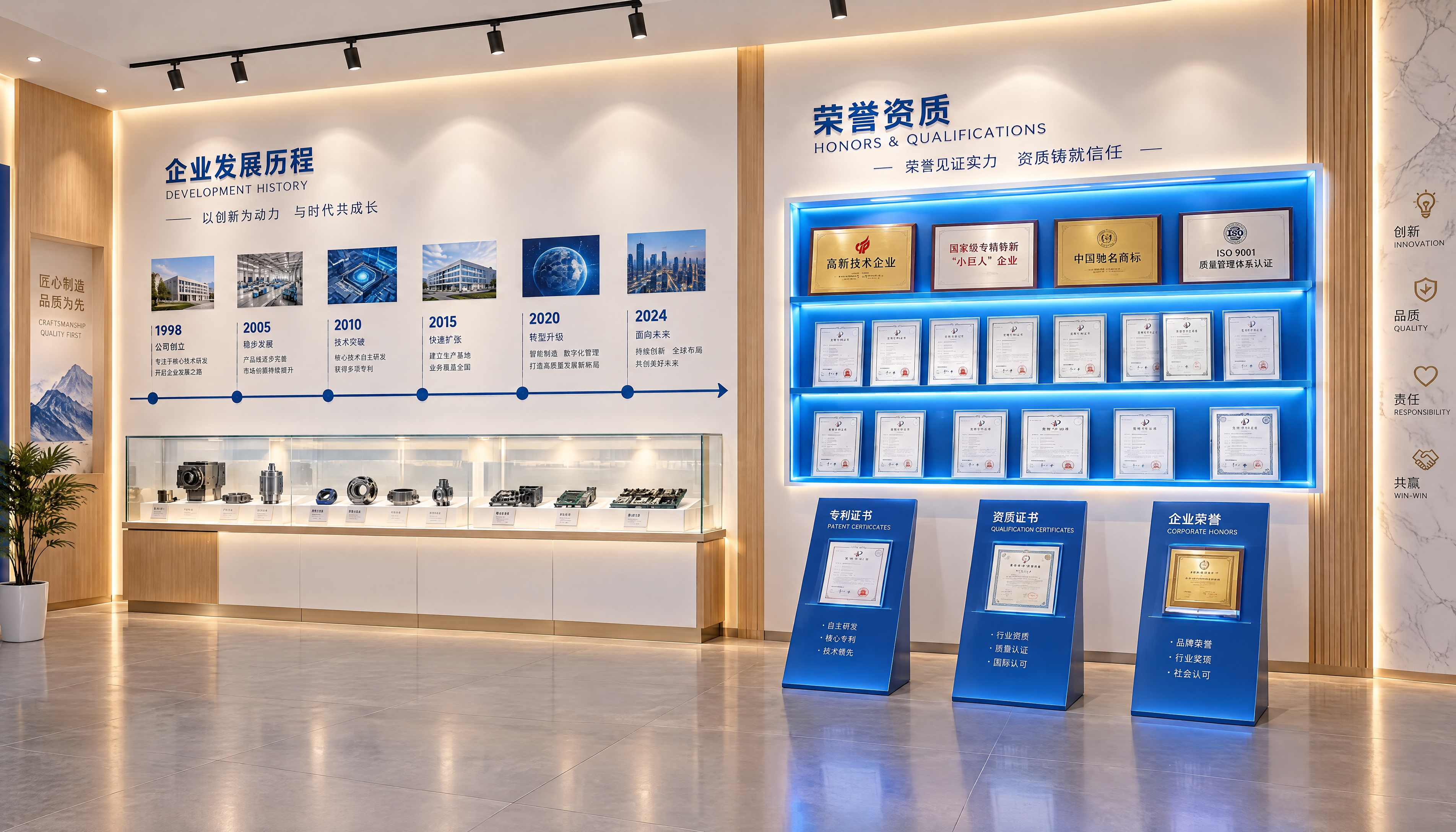 企业展厅荣誉资质与发展历程综合区效果图，现代简约高级风格。墙面… - 图片创意预览
