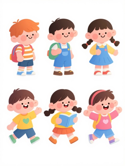 6个不同造型、穿搭和动作的儿童角色，保持Q版可爱插画风格，圆润的头部和身体比例，明亮活泼的色彩搭配，每个孩子都有独特的发型和服饰，如穿着条纹上衣背着书包的男孩、蓝色背带裙的双马尾女孩、手持书本的黄色上衣女孩等，角色表情开心喜悦，动作自然生动，所有角色在白色背景上呈规整横向排列，形成儿童系列素材套系，整体风格统一，充满童真童趣。预览效果