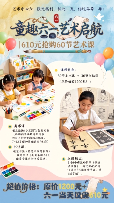 修改海报底部文字，将底部“超值价格: 原价1200元+ 六一当天仅需610元”改成与上方主标题“童趣六一，艺术启航”相同风格的文字设计，保持整体海报风格不变，保留其他所有内容和元素位置不变预览效果