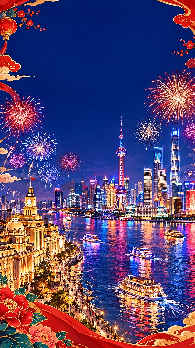 国庆主题中国风底图，上海外滩夜景，黄浦江两岸灯火辉煌，东方明珠和陆家嘴摩天大楼群璀璨夺目，外滩万国建筑博览群在夜色中流光溢彩，江面上有游船驶过，天空绽放绚丽烟花，国潮插画风格，画面上方和两侧留有空白区域可加文字，现代都市，繁华盛世，节日喜庆，高清细腻