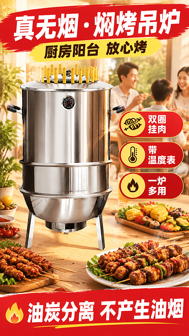 [商品] 使用【图42.jpg】不锈钢焖烤吊炉：圆柱形不锈钢炉体，顶部圆盖（盖面圆形温度表、盖缘黄色烤签插孔），正面圆形温度表，两侧黑色把手，底部三脚支架；严格保留产品结构、比例、颜色、材质，不变形、不缺件、不换色。

[画面] 第1张头图海报：暖色厨房/阳台家用场景，产品全貌置于画面中央偏左，占画面60%，周围摆放烤好的肉串、蔬菜盘，背景有家人围坐的温馨氛围；中景，产品正面3/4角度；构图采用产品大图+右侧信息卡+底部红色横幅的拼多多海报版式，阅读动线从产品到右侧卖点再到底部信息条。

[视觉] 套系策略：风格=拼多多爆款大字报海报；标题字=超粗黑体；正文字=粗黑体；主色=中国红；背景延展=暖米色到浅暖橙的同色渐变+木质餐桌质感；强调色=金黄，仅用于小面积标签、引线和徽章；标题色=白色（红色底）；正文色=深棕黑；组件=圆角红色信息卡、描边标签、爆炸标、底部大横幅；光影=左前侧暖光商业摄影，产品金属高光清晰。

[文字] 顶部主标题“真无烟·焖烤吊炉”（白字红底大字），副标题“厨房阳台 放心烤”；右侧竖排信息卡放3个卖点：双圈挂肉、带温度表、一炉多用；底部红色横幅白字“油炭分离 不产生油烟”；文字全部横向排版，主标题≤10字，不遮挡产品主体。

[规格] 9:16竖版，分辨率2K，避免文字错字、文字过小、产品变形、颜色改变、冷蓝灰背景。