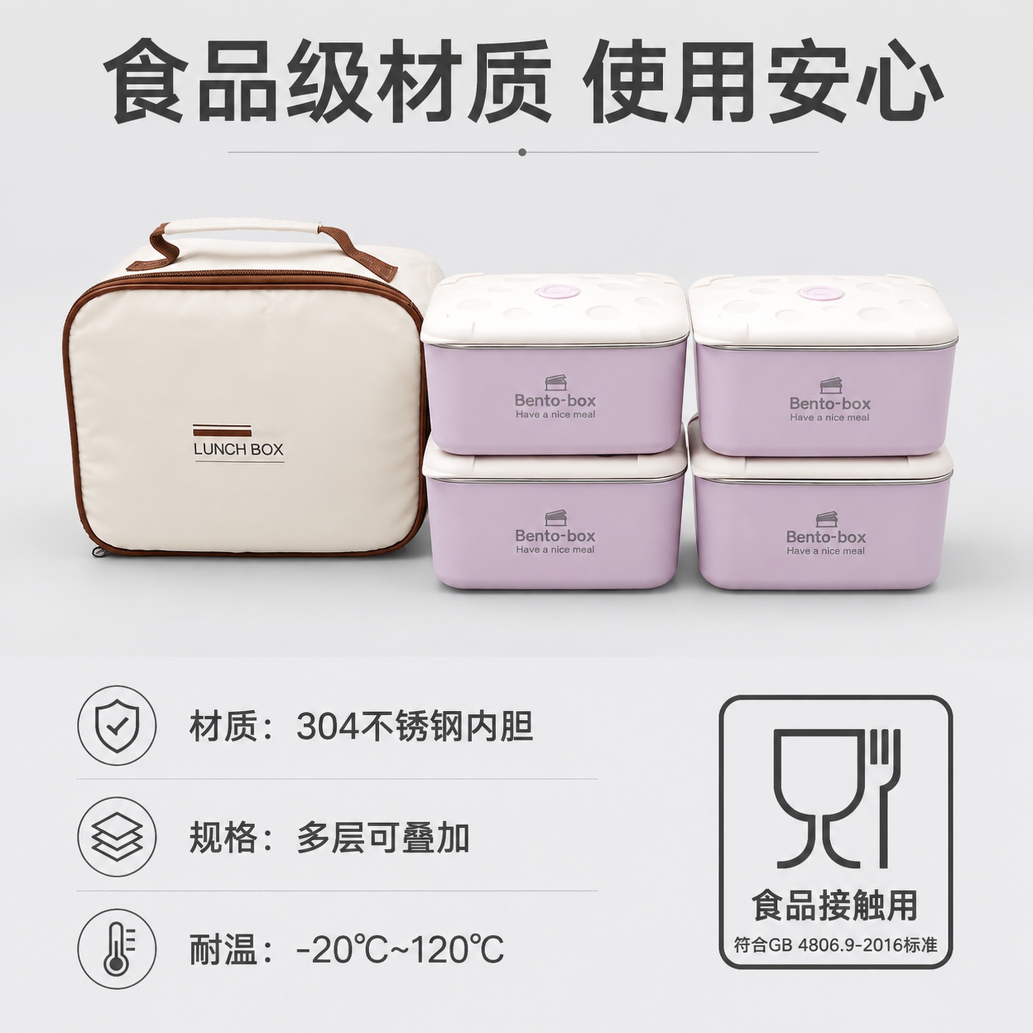 [主图-5] 多层保鲜盒套餐规格参数安全背书图。氛围风格：简洁… - 图片创意预览