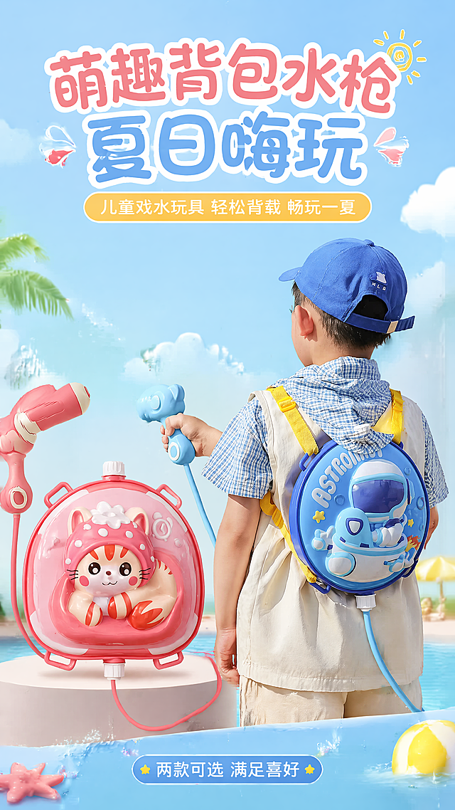 [第1屏] 详情页头图-儿童背包水枪夏日戏水宣传海报。本屏使用【图1】和【图2】两款产品，【图1】粉色猫咪款置于左侧，【图2】蓝色宇航员款展示背负效果置于右侧，保持两款产品原有结构、颜色和造型不变。
[氛围/风格] 清新夏日活力风格，浅蓝晴空背景搭配浅白云朵，明亮清爽商业摄影质感，充满童趣欢乐氛围。
[元素布局] 两款产品左右分栏布局，总占比约70%，顶部预留主标题区域，底部预留副标题区域；左侧展示粉色猫咪款完整背包水枪，右侧展示儿童蓝色宇航员款背负效果；确保产品轮廓、颜色、造型和原始图片完全一致。
[光影质感] 顶部自然光照明，产品下方保留柔和自然投影，整体画面明亮通透，产品细节清晰可见。
[配色色系] 全局底色 #F0F8FF；主色粉蓝搭配，辅助浅黄白色调，保持产品原有颜色不变。
[视角构图] 两款产品分别作为左右视觉中心，阅读动线从上到下，顶部标题 -> 左右产品 -> 底部信息。
[文字版式] 顶部主标题「萌趣背包水枪 夏日嗨玩」，副标题「儿童戏水玩具 轻松背载 畅玩一夏」，主标题使用圆润粗黑字体，居中排列；底部小字标注「两款可选 满足喜好」；所有文字不遮挡产品主体，清晰可读。
[比例分辨率] 9:16，4K，文字清晰可辨。
[负向提示词] 产品变形，缺件错件，颜色偏差，文字错乱，产品模糊，背景杂乱，水印。