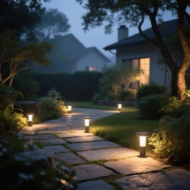 夜晚的庭院场景，地面上安装着几盏地插灯，灯光柔和地照亮周围的石板路和绿植，营造出温馨宁静的氛围，背景有朦胧的树影和远处的房屋轮廓，整体色调温暖，光影效果自然预览效果