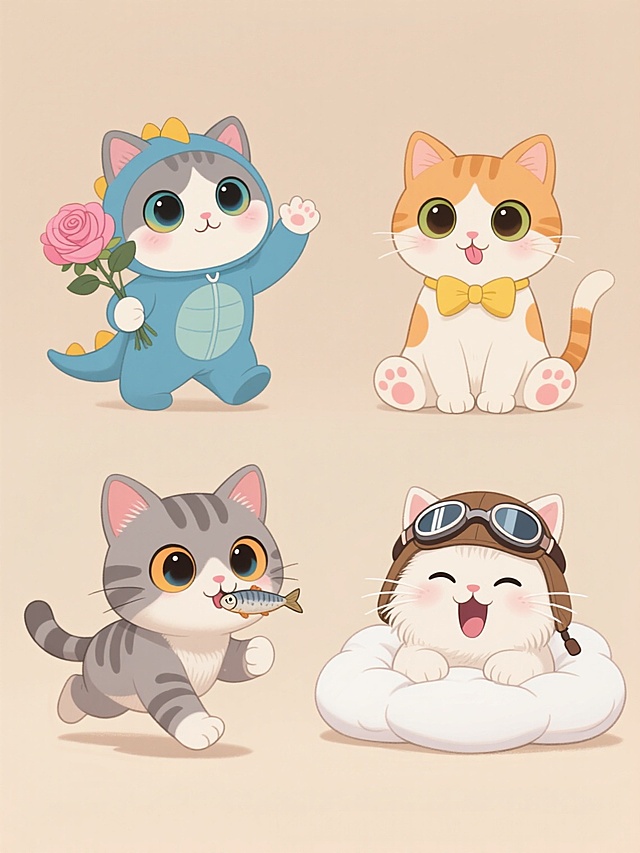 可爱卡通手绘风格，四个不同品种的小猫，上下两行整齐排列，浅米色背景，整体色调柔和明亮，温暖治愈氛围，圆润可爱的造型，大而有神的渐变色彩眼睛，细腻的绒毛质感，柔和的光影效果，简洁干净的构图。上排左侧：穿着蓝色恐龙连体衣、手持粉色玫瑰花束、面向前方挥手的灰白相间猫咪；上排右侧：戴着黄色蝴蝶结、舔舐爪子、坐姿优雅的橘白相间短毛猫；下排左侧：耳朵竖起、嘴里叼着小鱼干、向前奔跑的灰色条纹英短猫；下排右侧：戴着飞行员帽子和护目镜、趴在云朵形状枕头上打哈欠的白色长毛猫。所有猫咪表情生动可爱，线条流畅圆润，细节丰富，整体风格统一和谐。