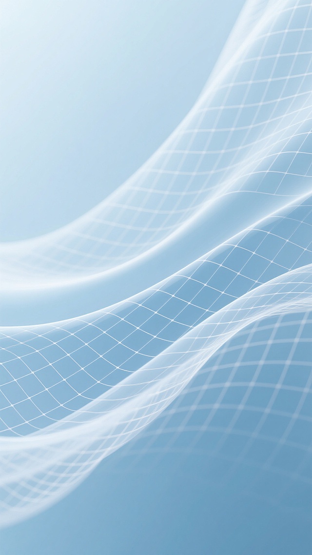 一张浅蓝色渐变背景，带有柔和流动感的丝绸质感纹理，叠加了精细的白色网格线条，整体呈现出轻盈、优雅、现代的视觉效果，光线从上方柔和洒下，形成微妙的光影变化和细腻的高光，营造出宁静而富有层次感的氛围。