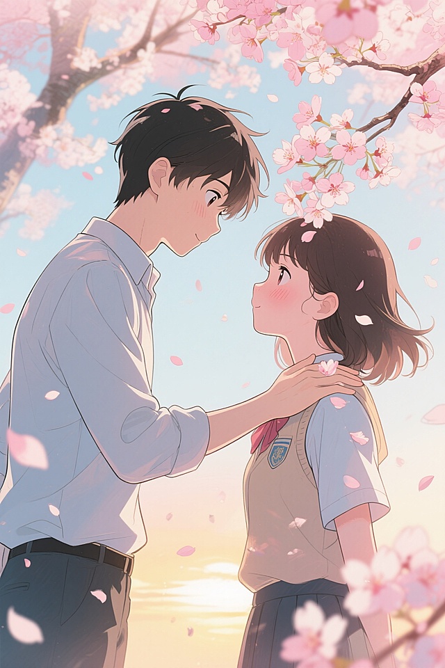 樱花树下，动漫风的浪漫邂逅，水彩般的梦幻与温馨。