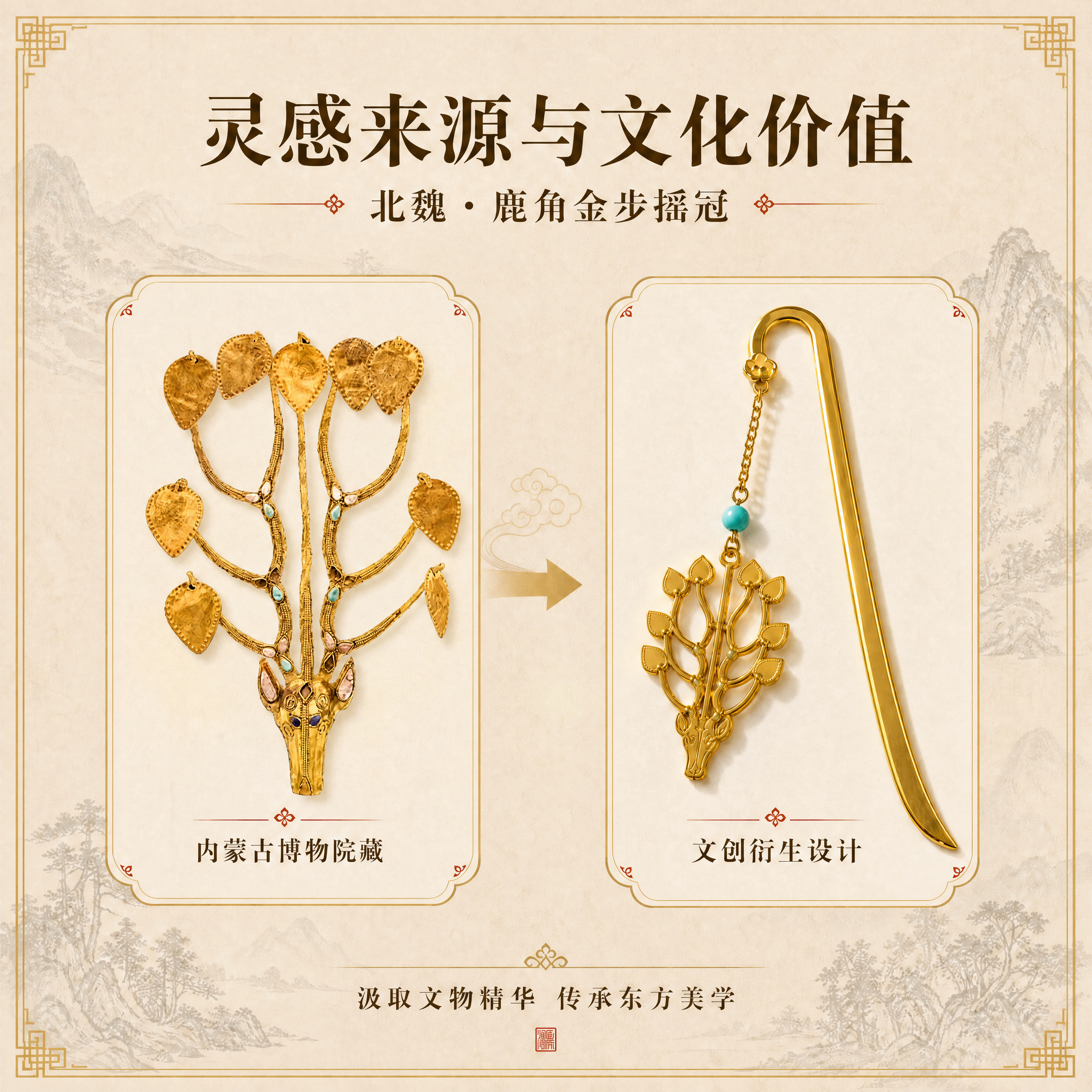 将第一张图左侧的文物线稿替换为第二张图中的北魏鹿角金步摇冠实物… - 图片创意预览