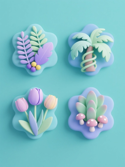 软3D风格插画，纯色背景，四个规整排布的植物元素集合，每个元素保持相同的软3D质感、平滑渐变色彩和简洁叶片造型，整体色彩变换为清新的蓝绿色调为主，搭配淡紫色和嫩黄色点缀，第一个元素为蕨类植物与小浆果组合，第二个元素为三朵不同形态的郁金香花丛，第三个元素为棕榈叶与藤蔓缠绕设计，第四个元素为多肉植物与小蘑菇群组，所有元素边缘圆润，带有轻微立体阴影，保持统一的插画风格和视觉平衡感。预览效果