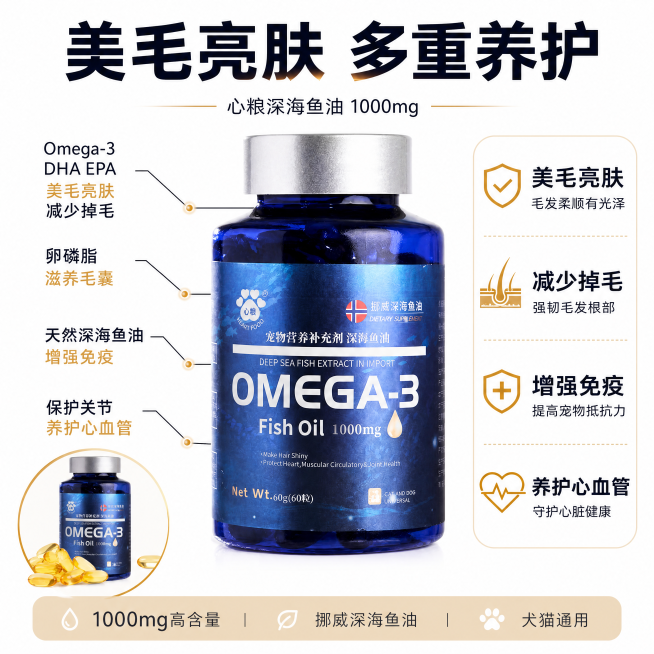 [主图-2] 心粮深海鱼油核心卖点解析图
[氛围风格] 拼多多风格，信息清晰，卖点突出
[画质] 商业摄影质感，光线柔和通透，产品清晰真实，画面干净高级
[元素] 心粮深海鱼油蓝色瓶装产品居中展示，围预览效果
