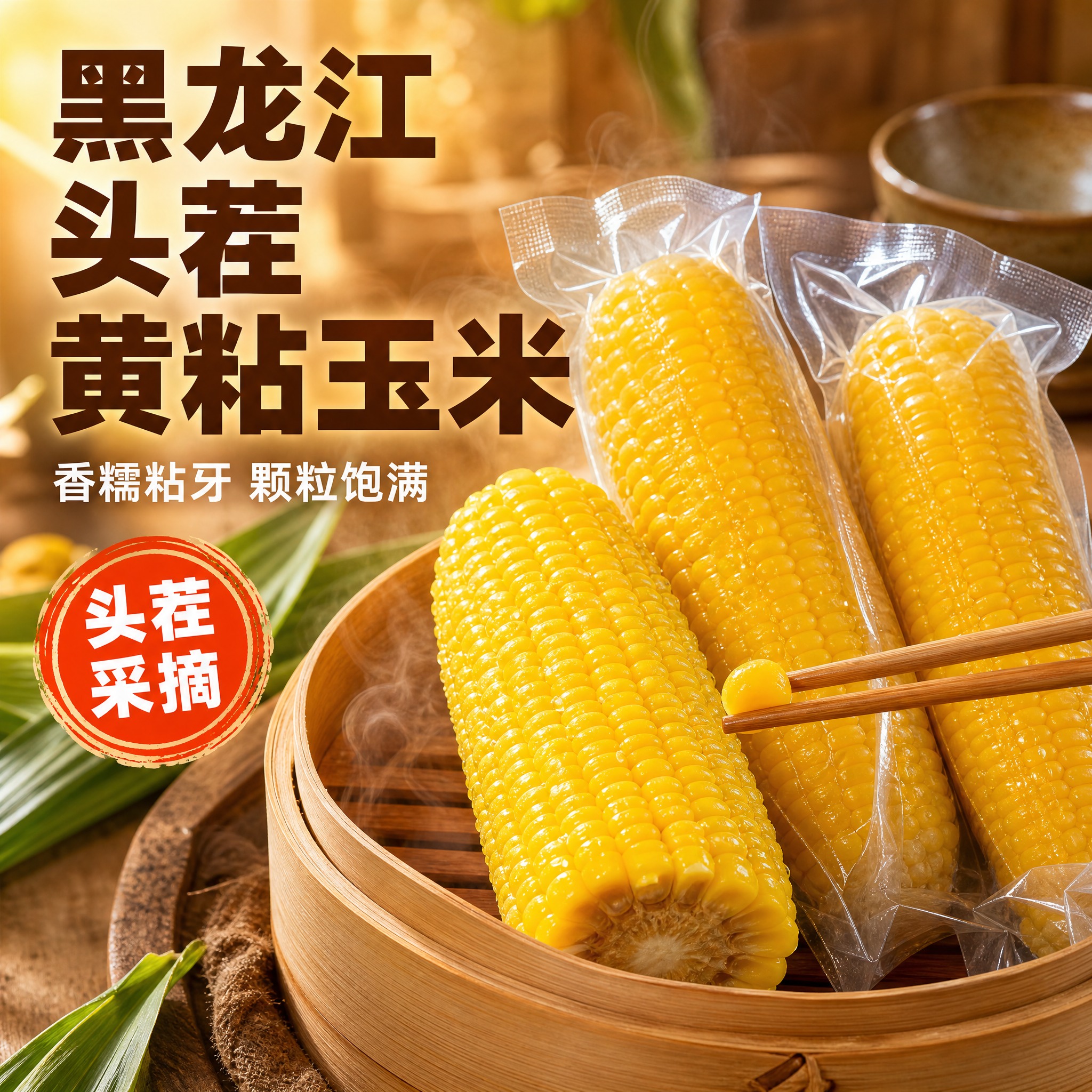 [主图-1] 黑龙江头茬黄粘玉米首图，突出食欲感与头茬新鲜卖点… - 图片创意预览