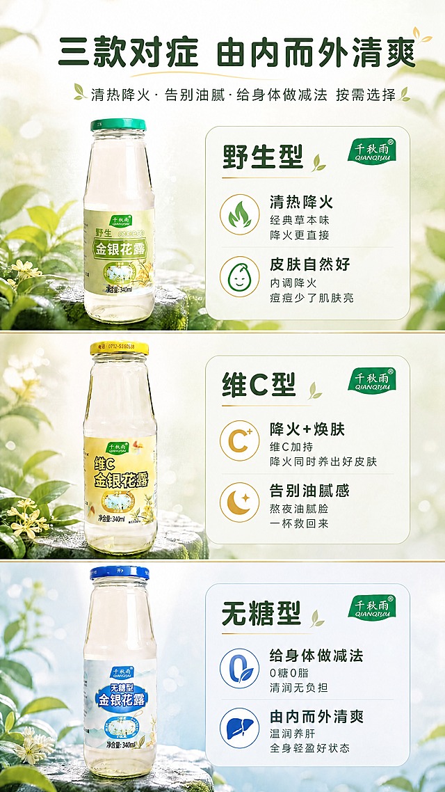 基于参考图【image6】三款分卖点页进行核心卖点升级重绘：保留三款产品竖向排列、左瓶右文的三段式构图不变，将每款的两个卖点全面替换为用户指定的5大核心卖点方向，并结合各款特性做差异化表达。

具体修改：
1. 顶部主标题改为「三款对症 由内而外清爽」，副标题改为「清热降火·告别油腻·给身体做减法 按需选择」。
2. 野生型卖点升级：
   - 清火降燥 → 「清热降火」，小字：经典草本味 降火更直接
   - 清润祛痘 → 「皮肤自然好」，小字：内调降火 痘痘少了肌肤亮
3. 维C型卖点升级：
   - 维C+清火 → 「降火+焕肤」，小字：维C加持 降火同时养出好皮肤
   - 熬夜救星 → 「告别油腻感」，小字：熬夜油腻脸 一杯救回来
4. 无糖型卖点升级：
   - 0糖轻清火 → 「给身体做减法」，小字：0糖0脂 清润无负担
   - 内调益肝 → 「由内而外清爽」，小字：温润养肝 全身轻盈好状态
5. 三款产品瓶身、标签、颜色、背景石面与叶片均保持不变，字体与排版风格统一。