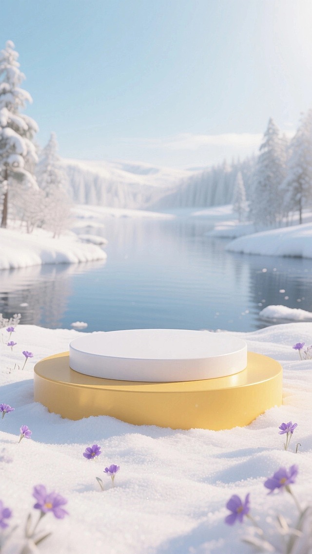 画面主体两层圆形展台（白+暖黄），地面覆盖雪，点缀少量紫色小花，背景是雪景、湖泊，整体画面明亮通透，3D虚拟自然环境。