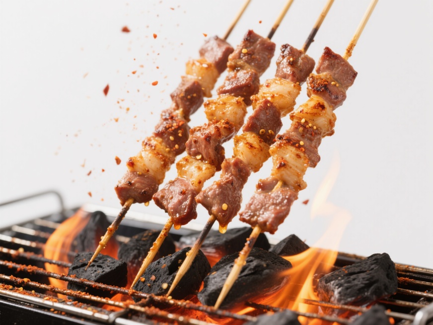 超写实风格美食摄影，纯白色纯色背景，特写视角，多串鲜嫩多汁的烤肉片串被整齐地架在炭火烤架上，肉串表面覆盖着金黄焦脆的烤痕和细密的辣椒粉香料，油脂正滋滋滴落并溅起细小的油星，炭火呈现出炽热的橙红色火焰和预览效果
