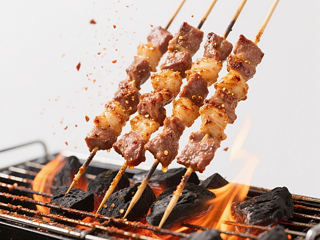 超写实风格美食摄影，纯白色纯色背景，特写视角下，多串鲜嫩多汁的烤肉片串被整齐地架在炭火烤架上，肉串表面覆盖着金黄焦脆的烤痕和细密的辣椒粉香料，油脂正滋滋滴落并溅起细小的油星，炭火呈现出炽热的橙红色火焰和黑色炭块，火星与香料粉末在空气中飞舞，整体画面光影对比强烈，暖色调为主，火焰的明亮光芒照亮肉串的纹理细节，营造出浓郁诱人、热气腾腾的烧烤氛围，背景聚焦于烧烤架和炭火，突出食物与火焰的动态互动感。