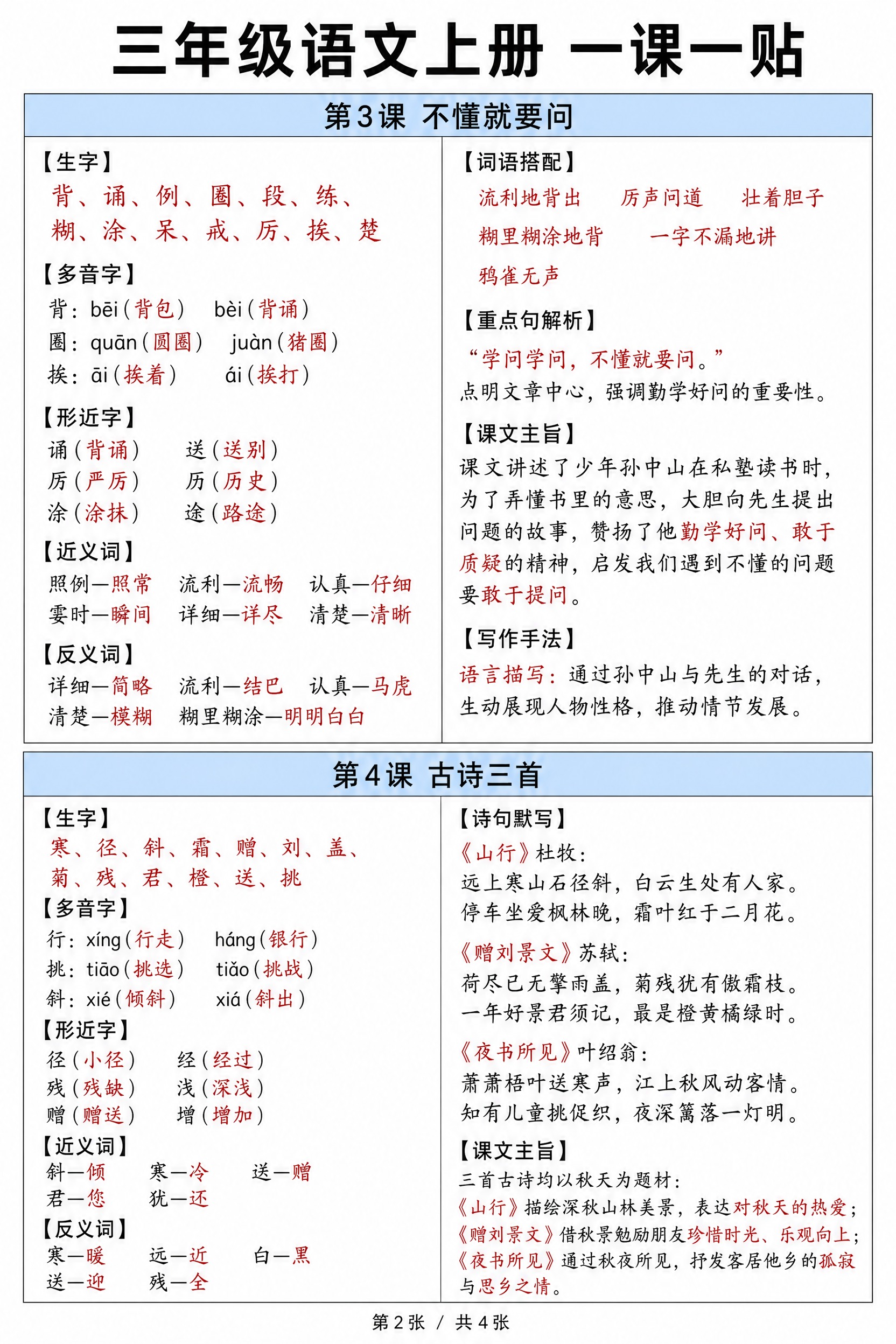 小学语文三年级上册知识点整理海报，竖版A4比例，极简教学风格，… - 图片创意预览
