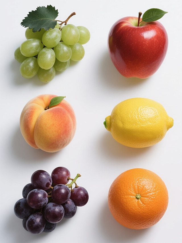 白色背景上，以超写实风格规整排布六个完全不同的新鲜水果：左侧上方是一串饱满圆润、带有两片深绿色锯齿状叶子的青提，果皮呈现半透明的淡绿色并带有自然光泽；左侧中间是一个完整的、橙黄色表皮带有细密绒毛的桃子，顶部带有嫩绿的果蒂；左侧下方是一串深紫色的葡萄，果实紧密排列，带有果粉和高光；右侧上方是一个红色的苹果，表面光滑，带有一片绿叶和短小的果柄；右侧中间是一个黄色的柠檬，带有明显的纵向纹理和绿色的柠檬蒂；右侧下方是一个橙色的橙子，表皮有自然的凹凸纹理和脐部。所有水果都具有清晰的细节、真实的光影效果和鲜艳的色彩，整体布局对称平衡，每个水果之间留有均匀的间距，保持与青提相同的超写实摄影风格和元素类目，形成一个整齐的水果系列素材集合。