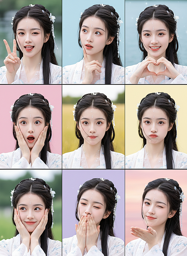 保持人物主体不变，创作一组写实风格表情包，包含表情不同、姿势不同的九宫格表情包，可爱，古灵精怪，随机表情动作搭配组合。