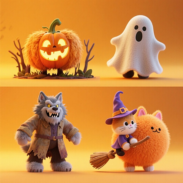 软3D风+拟人风的万圣节萌物，毛发生长质感搭配卡通化设计，南瓜灯、幽灵、狼人与巫师猫充满可爱感与趣味感，温暖橙色背景营造梦幻温馨氛围。