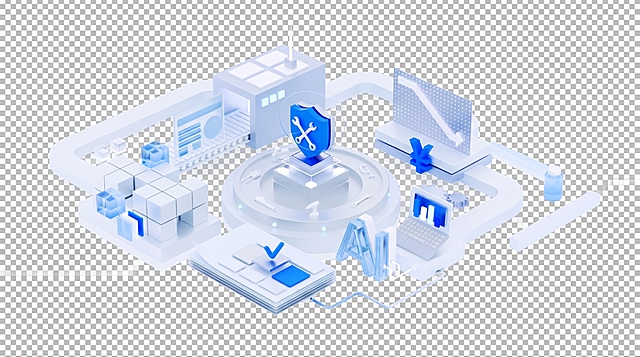 移除图片中所有的文字信息和文字框，保留原有等距风格3D科技AI生产场景的图形内容，将背景设置为透明底，输出为透明png格式，不要改变原图的构图和元素位置