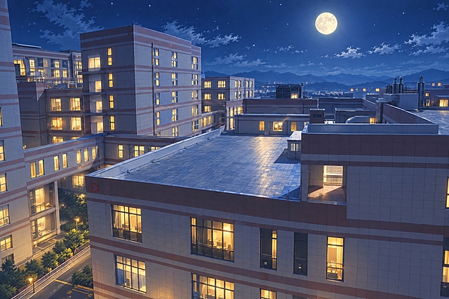 将这张城市建筑群照片转换为日系动漫风格，场景设定为夏天的夜晚，天空中悬挂着一轮明亮的满月，月光柔和地洒在建筑上，整体色调以清冷的蓝灰色和暖黄色灯光为主，减少紫色调，天空是深邃的藏蓝色，带有柔和的月光光晕和稀疏的星星，画面充满治愈的动漫氛围感，建筑结构保留参考图的布局特征，窗户透出温暖的暖黄色灯光，远处有朦胧的山脉轮廓