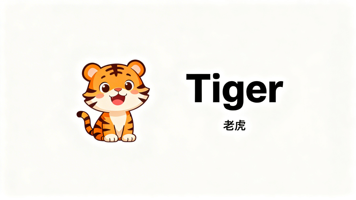幼儿英语启蒙PPT内页，主题老虎，活泼可爱卡通风格，左侧放大的可爱老虎卡通图片，右侧大大的黑色英文单词"Tiger"，下方小字号黑色中文注释"老虎"，纯白色背景，整体简洁清晰，适合幼儿学习预览效果