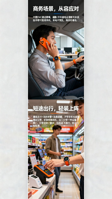 电商详情页商务&日常场景展示页面，分上下两个场景：上半部分是商务通勤开车出行场景，展示办公室或车内佩戴橙色手表接听电话画面，标题“商务场景，从容应对”，文案：内置 ENC 通话降噪，通勤 / 开车接电预览效果