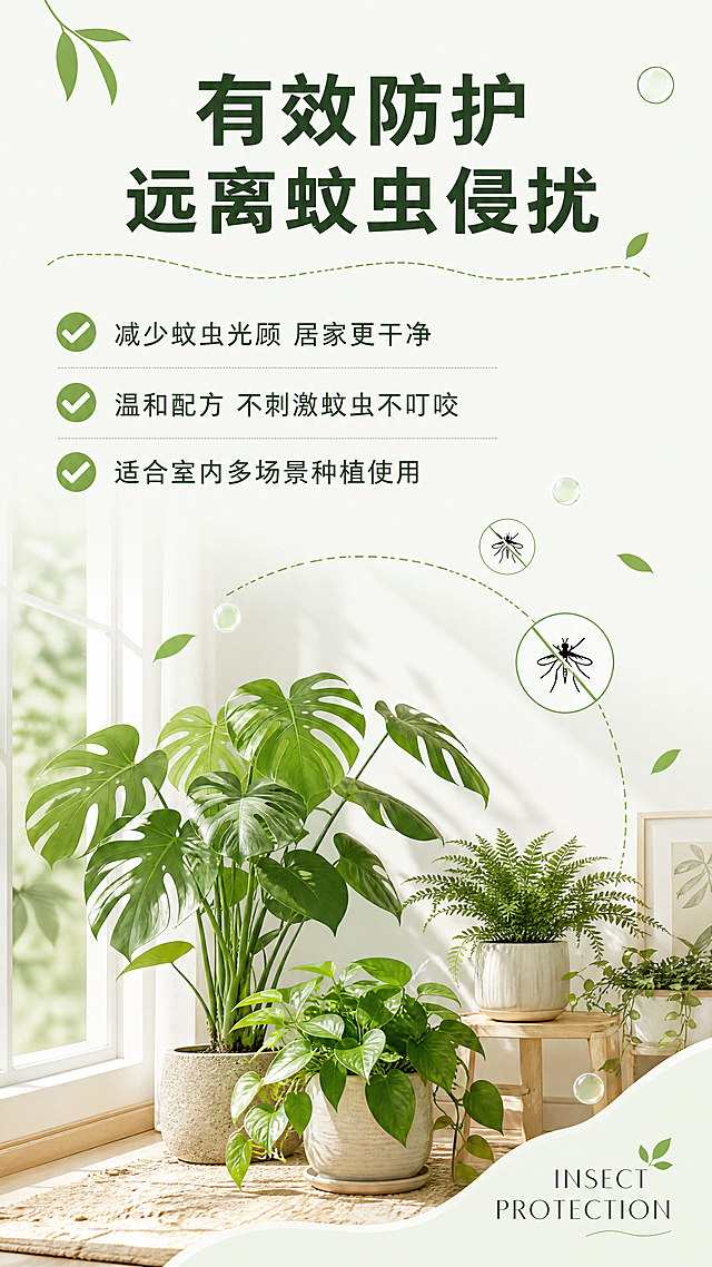 参考「图片1」风格，用「图片1」，生成1套详情页，痛点主题:1、颜值高 2、香味 3、不招蚊虫 4、使用场景：办公室、客厅、卧室、商场商店 5、人群：宝妈、家里有儿童 6、装根叶绿，首屏展示产品，后面分屏尽量不要展示产品，多展示产品的使用效果，植物营养液液体质感，痛点等画面，植物使用后的效果，多一些文字排版设计，多一些文字装饰元素，比如：打勾、虚线、线条、曲线、三角形、爱心、环保标志，叶片，营养液气泡等元素。文案可以中英文结合，文字设计感强烈，不要改变产品的外观