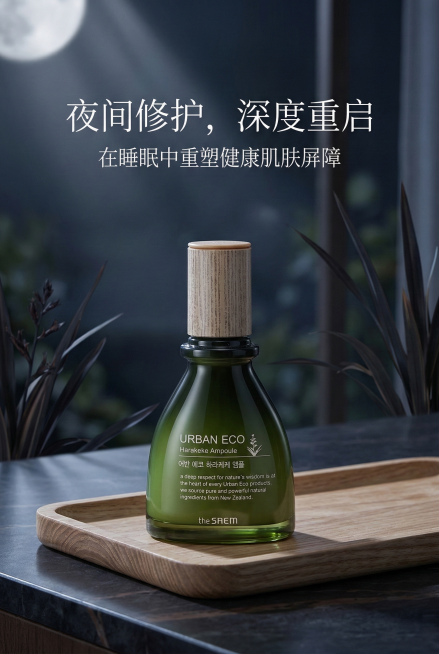 静谧夜间场景，原木托盘上放着深绿瓶身、木纹盖的护肤产品，瓶身带完整品牌标识，月光柔和打亮瓶身。主标题"夜间修护，深度重启"白细黑体；副标题"在睡眠中重塑健康肌肤屏障"白细黑体，氛围宁静柔美预览效果