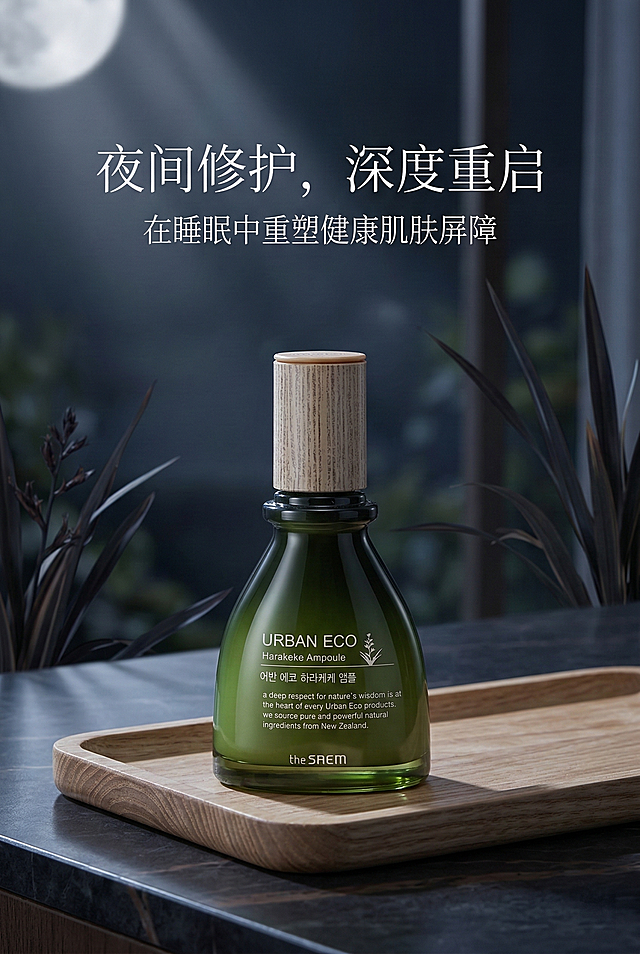 静谧夜间场景，原木托盘上放着深绿瓶身、木纹盖的护肤产品，瓶身带完整品牌标识，月光柔和打亮瓶身。主标题"夜间修护，深度重启"白细黑体；副标题"在睡眠中重塑健康肌肤屏障"白细黑体，氛围宁静柔美