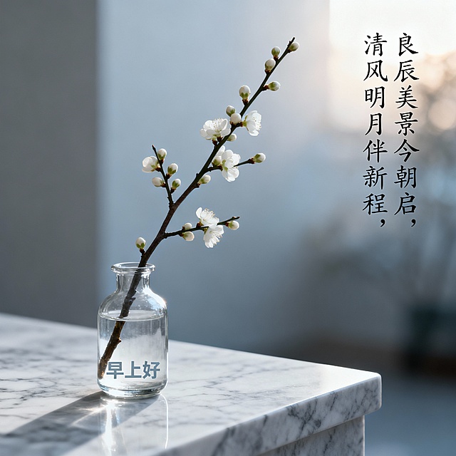 ### **1. 晨间财喜**
**祝福语：** 晨光熹微照福来，财喜盈门笑颜开（位于画面左侧，从上到下竖排书法体）
**提示词：**
中式早餐静物摄影，深色木桌上摆放一套青花瓷盖碗茶具，碗盖斜置，热气微升。旁边有一小碟金元宝造型糕点。柔和的晨光从右侧射入，在桌面投下温暖光影。照片级质感，浅景深。在画面左侧空白处，从上到下竖排书写15字祝福语。画面右下角茶具旁，有雅致小字“早安”。画幅比例3：4

### **2. 朝安暮宁**
**祝福语：** 朝有清欢岁长安，暮得心宁日可期（位于画面顶部，横排端庄楷体）
**提示词：**
禅意中式静物，一方古砚旁置毛笔一支，砚台中墨迹未干。旁边摊开一卷宣纸，纸上有一枚红叶。清晨柔光斜照，营造宁静雅致氛围。细节丰富，纹理清晰。画面顶部居中横排书写17字祝福语，采用端庄楷体。画面左下角砚台旁，有细小字样“早上好”。画幅比例3：4

### **3. 福伴晨光**
**祝福语：** 晨起福星常高照，吉时祥瑞总相伴（环绕主体物成弧形排列）
**提示词：**
吉祥主题静物，红色锦囊与古钱币置于朱红漆盘之上，旁有如意纹香囊一个。温暖晨光从左上角洒下，凸显物体质感。色彩以红金为主，喜庆祥和。18字祝福语以弧形排列在漆盘周围。画面右上角光线明亮处，有金色小字“早安”。画幅比例1：1

### **4. 良辰启新**
**祝福语：** 良辰美景今朝启，清风明月伴新程（位于画面右侧，分两列竖排）
**提示词：**
新中式极简构图，透明玻璃瓶插单枝含苞白梅，置于灰白色大理石台面。冷色调晨光营造纯净清雅氛围。背景虚化，突出花枝线条美感。16字祝福语在画面右侧分两列竖排书写。画面左下角瓶底旁，有浅灰色“早上好”字样。画幅比例1：1

### **5. 祥瑞晨安**
**祝福语：** 祥云缭绕家宅旺，瑞气充盈晨安好（作为背景水印，重复隐约出现）
**提示词：**
传统吉祥静物，翡翠白菜雕件（或白菜造型摆件）与一对小葫芦置于深蓝绸布上。侧光照明，突出雕刻细节。背景为米色宣纸纹理，上面隐约重复浮现18字祝福语水印。画面正下方白菜雕件前，有清晰黑色“早安”字样。画幅比例3：4

### **6. 朝食纳吉**
**祝福语：** 朝食五谷纳千祥，暮饮清茶收百福（位于画面底部，居中对齐）
**提示词：**
温馨早餐场景，竹制蒸笼揭开，内盛晶莹虾饺三只。旁有青瓷醋碟与竹筷。清晨暖光营造食欲与温馨感。食物细节逼真，蒸汽微现。20字祝福语在画面底部居中横排。蒸笼盖上贴有红色小笺，上书“早上好”。画幅比例3：4
### **7. 晨光如愿**
**祝福语：** 晨光所及皆如愿，步履所至俱坦途（位于画面左上至右下的对角线上）
**提示词：**
概念化构图，一束晨光透过窗格，在地面投出清晰光影。光斑中有一枚天然水晶簇。背景简洁，突出光线质感。氛围充满希望与能量。17字祝福语沿着从左上到右下的对角线方向排列。在主要光斑中心，有细微的“早安”字样融入光影纹理。画幅比例1：1

### **8. 日日祯祥**
**祝福语：** 日日常安有祯祥，岁岁清平无烦忧（位于画面四周边缘作为边框装饰）
**提示词：**
典雅中式书桌静物，摊开的线装古籍上压着镇纸，旁有燃尽的香插。柔和均匀的晨间天光。色调古朴雅致。18字祝福语作为装饰性文字边框，围绕画面四周边缘。在翻开书页的空白处，有手写体“早上好”。画幅比例1：1

### **9. 朝沐清风**
**祝福语：** 朝沐清风精神爽，夜观星月梦香甜（位于画面中央，围绕圆形主体排列）
**提示词：**
极简禅意画面，圆形浅口白瓷皿盛清水，水面浮一朵莲花（或莲叶）。背景纯白，光线均匀柔和。意境空灵洁净。19字祝福语以圆形排列方式环绕在白瓷皿周围。在水面倒影中，隐约可见“早安”二字。画幅比例3：4

### **10. 晨启鸿运**
**祝福语：** 晨起推窗迎鸿运，夜来闭户接福星（位于画面背景墙上，仿挂幅形式）
**提示词：**
生活化场景，中式窗棂前小桌，桌上紫砂壶还冒着热气。窗外可见朦胧竹影。晨光透过窗格形成美丽光影。氛围宁静闲适。18字祝福语以仿书法挂幅形式出现在背景墙上。在窗棂的光影中，投射出“早上好”的阴影字样。画幅比例1：1           根据以上提示图，生成对应10张祝福图