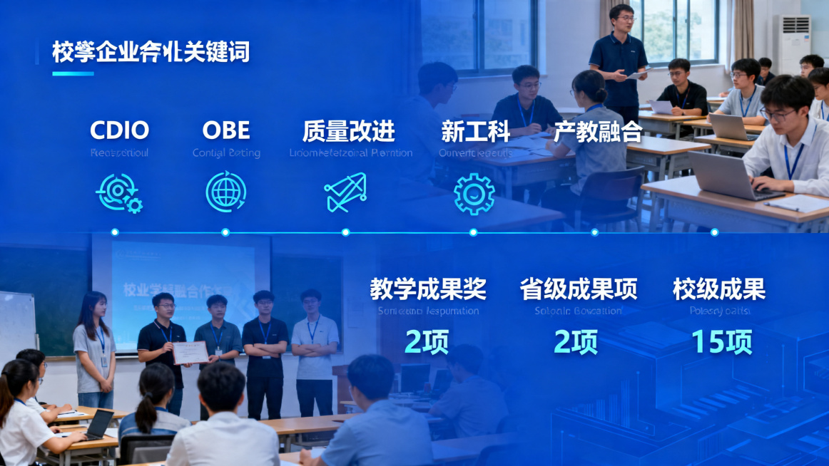 人才培养与教学改革PPT页面，蓝色现代科技风格，上下双语排版，上方中文，下方英文，用关键词+图标的形式展示CDIO、OBE、质量改进、新工科、产教融合，展示教学成果奖项数据：省级成果2项，校级成果15预览效果