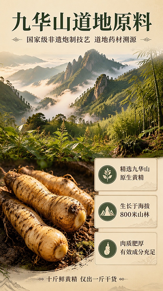 [第3屏] 产地与原料专屏-九华山道地黄精原料溯源。本屏为成分/产地专屏，原料与产地元素占主画面≥50%。
[氛围/风格] 古朴纪实风，自然山野质感，温暖厚重，传统中药养生美学。
[元素布局] 画面上半部分为九华山山野实景：连绵青山、云雾缭绕、竹林掩映，山间有零星黄精植株；下半部分左侧为鲜黄精根茎特写，呈土黄色、饱满粗壮，带泥土质感；右侧为三块信息卡片竖排；产地实景占屏约50%，鲜黄精特写占屏约25%，整体原料/产地元素为主视觉。
[光影质感] 自然山野柔光，清晨薄雾光线，鲜黄精特写采用侧光突出纹理质感。
[配色色系] 全局底色 #E8DDC8 浅土黄；主色深绿、土棕；辅助色米白、暖金。
[视角构图] 上下分层构图，上场景下原料+信息，阅读动线从上至下。
[文字版式] 画面顶部主标题「九华山道地原料」，温润宋体大字；副标题「国家级非遗炮制技艺 道地药材溯源」；右侧三张信息卡片分别为：「精选九华山原生黄精」「生长于海拔800米山林」「肉质肥厚 有效成分充足」；底部小字标注「十斤鲜黄精 仅出一斤干货」；字色为深棕色 + 墨绿色点缀。
[比例分辨率] 9:16 竖版比例，4K分辨率，文字清晰可辨，高清画质。
[负向提示词] 变形，水印，文字错乱，文字过小，背景杂乱，现代建筑，人物乱入。