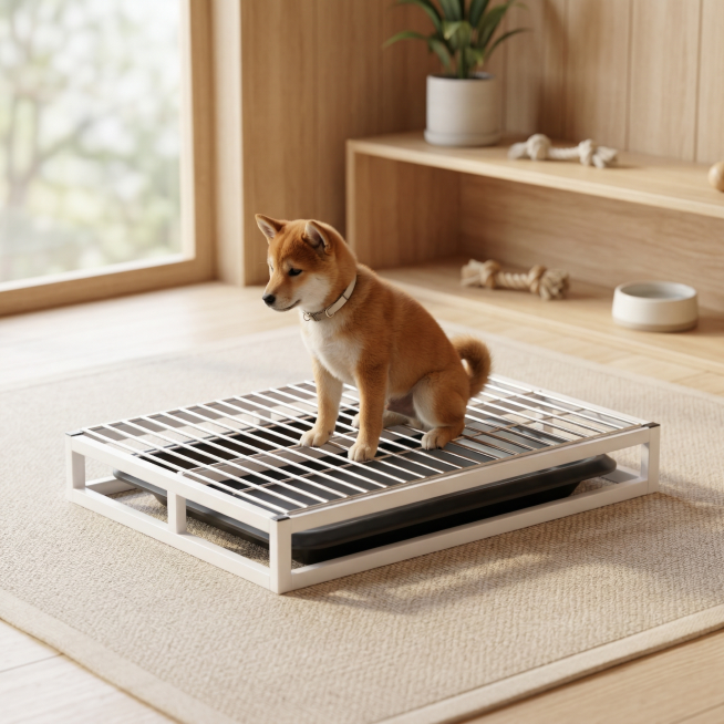 保持狗厕所主体物理结构不变，不改变产品主体，凸显狗厕所主体，白色框架黑色接尿盘结构完整保留，生成温馨小清新氛围的宠物房场景，一只柴犬小狗正在狗厕所上如厕，日系原木风，柔和自然光，浅木色奶白色调，干净明预览效果