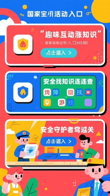 国家安全互动入口H5页面，红蓝主色调，三个互动模块入口卡片分别是：安全知识连连看、隐患找茬小游戏、安全守护者闯关，每个卡片配对应简约图标，顶部标题"趣味互动涨知识"，扁平化设计，科技感，每个卡片带点击预览效果
