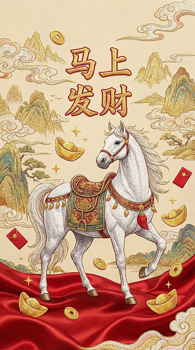 工笔风白骏踏红绸，鎏金元宝环绕，刺绣质感山川云海，国潮复古韵味浓，喜庆迎财年。