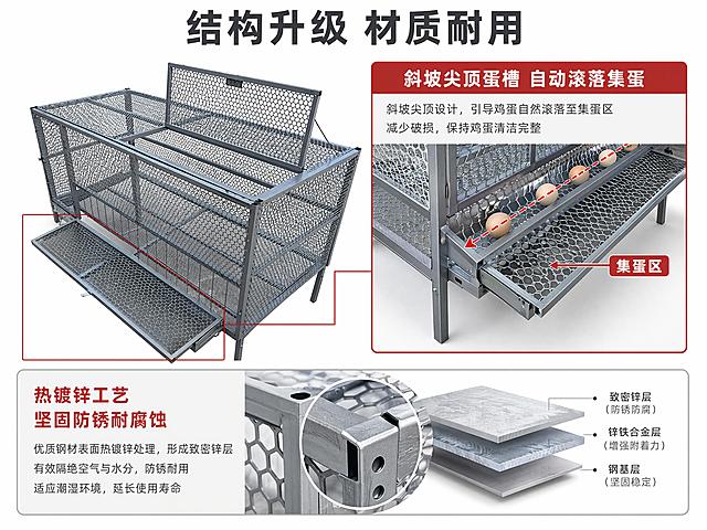 使用商品详情页技能根据商品图「图片1」生成详情页，参考图为，商品名称为自动收蛋养鸡笼，卖点为一、自动集蛋，省心省人工 斜坡尖顶蛋槽设计，鸡蛋依靠重力自动滚落集蛋区，无需人工挨个捡蛋 减少弯腰捡拾，规模化养殖大幅降低人工工时，提升收蛋效率 鸡蛋统一归集，取蛋集中便捷，不用进笼翻找家禽 二、护蛋防破损，降低损耗 专属倾斜滚蛋缓冲轨道，鸡蛋缓慢滑落，杜绝磕碰、摔裂 尖顶隔离结构，鸡只踩不到蛋，杜绝啄蛋、踩蛋损耗，减少废品蛋 集蛋槽光滑不伤蛋壳，蛋壳完整，卖相更好，提高收益 三、养殖环境干净卫生，减少病害 尖顶分层隔离，鸡粪直接掉落下方粪板，鸡蛋不沾粪便污渍 蛋区与粪便区完全分离，鸡蛋洁净，清洗成本更低 降低细菌滋生，减少鸡群肠道、皮肤病，存活率更高 四、笼体结构实用，适配多场景 尖顶防鸡扎堆趴卧产蛋区，家禽活动分区清晰，采食、下蛋互不干扰 多层立体笼养，空间利用率高，同等场地饲养更多鸡，节约场地租金 材质坚固耐腐蚀，防锈铁丝 / 热镀锌工艺，户外、棚内长期使用不易锈坏 拆装简单，可分层组合，散户、大型养殖场都适配 五、饲养管理便捷 配套采食槽、饮水位，喂食加水统一操作，规模化管理简单 通风透光结构，笼内不闷湿，减少软壳蛋、产蛋下降问题 便于观察鸡只状态，快速分辨病鸡、停产鸡，方便筛选，适配平台为淘宝/天猫，图片比例为4:3，需求屏数为8张，