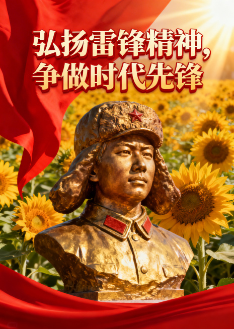 红色主题海报，弘扬雷锋精神，争做时代先锋，画面上方有醒目的文字"弘扬雷锋精神，争做时代先锋"，雷锋半身像，向日葵背景，红色和金色为主色调，庄重积极，充满正能量，红色旗帜飘扬，阳光洒下预览效果