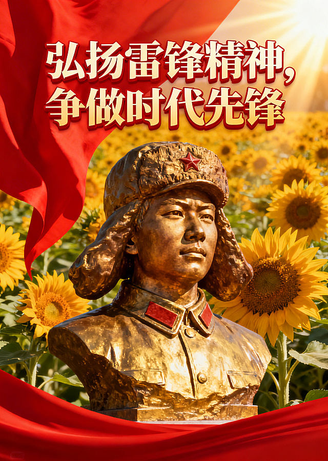 红色主题海报，弘扬雷锋精神，争做时代先锋，画面上方有醒目的文字"弘扬雷锋精神，争做时代先锋"，雷锋半身像，向日葵背景，红色和金色为主色调，庄重积极，充满正能量，红色旗帜飘扬，阳光洒下