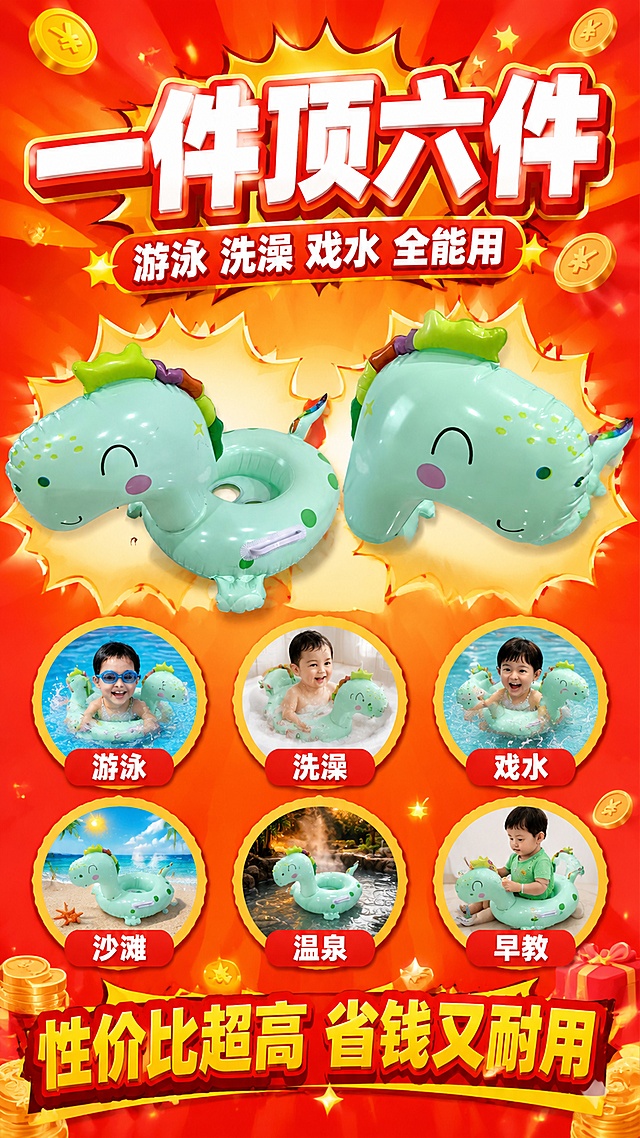 [第13屏] 性价比总结-一件多用省钱耐用。本屏使用【图1】和【图2】共同展示产品多角度。
[氛围/风格] 性价比种草风，实惠感，拼多多大字报风格，醒目直接。
[元素布局] 画面中央是绿色恐龙游泳圈，左侧展示正面【图1】角度，右侧展示侧面【图2】角度，两个角度并排；周围环绕6个圆形功能图标，分别代表游泳、洗澡、戏水、沙滩、温泉、早教6种用途；背景为大红色到橙色渐变，有爆炸贴、金币、星星等促销元素；产品造型颜色保持一致。
[光影质感] 明亮高光，产品突出，整体热闹有促销感。
[配色色系] 全局底色 #FF5722 橙红渐变 #FF9800 橙色；主色薄荷绿产品；辅助色黄色、白色、红色。
[视角构图] 中心产品环绕功能，阅读动线顶部大标题 → 中心产品 → 周围功能图标。
[文字版式] 顶部超大主标题「一件顶六件」，粗黑体白色描红边；副标题「游泳 洗澡 戏水 全能用」；底部大字「性价比超高 省钱又耐用」；6个功能图标各配2字标签：「游泳」「洗澡」「戏水」「沙滩」「温泉」「早教」；文字大且醒目，拼多多风格。
[比例分辨率] 9:16 竖版比例，4K 分辨率，文字清晰可辨，高清画质。
[负向提示词] 产品变形，文字过小，水印，颜色偏差，背景杂乱，产品不一致。