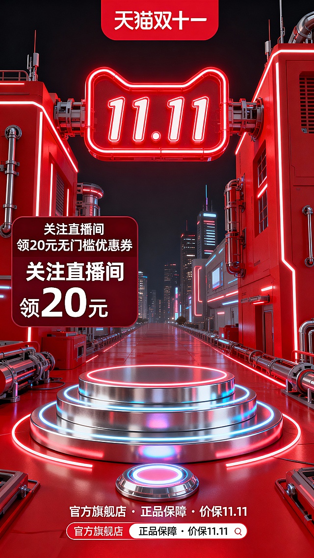 直播间，赛博朋克风3D场景，霓虹红光交织金属管道，未来感工业城市夜景，突出11.11天猫双十一促销信息，科技感十足的视觉冲击。