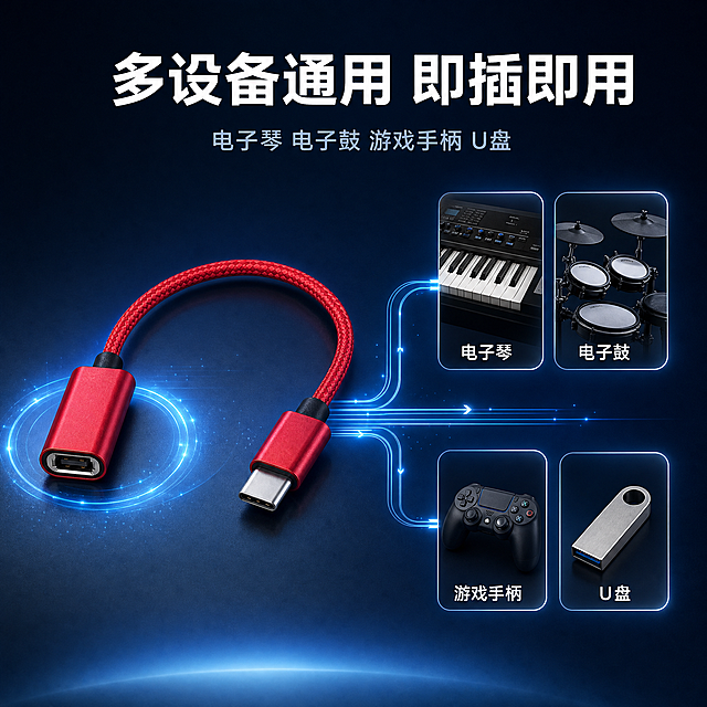 [主图-2] 核心价值与多设备兼容性展示，证明转接线可连接多种设备。
[统一基调] 淘宝/天猫数码3C风格，简约高级，色彩光感强；背景为深邃冷蓝到深灰的渐变科技底，带有细腻光晕与微弱粒子光效；主标题用白色粗体无衬线大字，副标题用浅灰蓝色小字，强调色用金属红与电光蓝点缀；字体现代简洁，字号层级分明，卡片与图标统一圆角细线风格。
[画面] 产品位于画面中央偏左，红色OTG转接线呈水平连接姿态，Type-C端朝右，USB-A端朝左。画面右侧以信号流向方式展示四组兼容设备图标/小图，分为上下两排，从产品向右延伸出淡蓝色数据流线条连接各设备：上排左为电子琴键盘局部图、上排右为电子鼓局部图；下排左为游戏手柄图、下排右为U盘图。每个设备配有圆角细线卡片边框，卡片内有设备名称短词。产品周围有微弱的电光蓝色光效环绕，象征数据高速传输。背景为冷蓝渐变，底部有柔和光晕。
[光影质感] 商业摄影级质感，产品光影与首图一致，金属红外壳高光清晰，编织线纹理分明；设备卡片为半透明玻璃拟态风格，带有微弱发光边框；整体光感强烈，数据流线条有渐变发光效果。
[配色] 背景主色为深邃冷蓝渐变，产品为金属红+银色接口，设备卡片为半透明深色底+白色细线边框，数据流为电光蓝渐变发光，文字为白色；红色产品在冷色背景中为视觉焦点。
[文字版式] 画面顶部居中主标题「多设备通用 即插即用」白色粗体大字；下方副标题「电子琴 电子鼓 游戏手柄 U盘」浅灰蓝色小字，字号缩小50%以上；四个设备卡片下方各有对应名称短词：「电子琴」「电子鼓」「游戏手柄」「U盘」，白色小号字体。文字均不遮挡产品主体。
[输出要求] 比例1:1，2048*2048，2K清晰度；产品外观、颜色、材质、结构与输入图完全一致；兼容性表达体现信号流向，不是简单图标环绕；文字清晰可读，无错字；禁止变形、模糊、杂乱、水印、平台Logo、悬浮感、虚构接口。